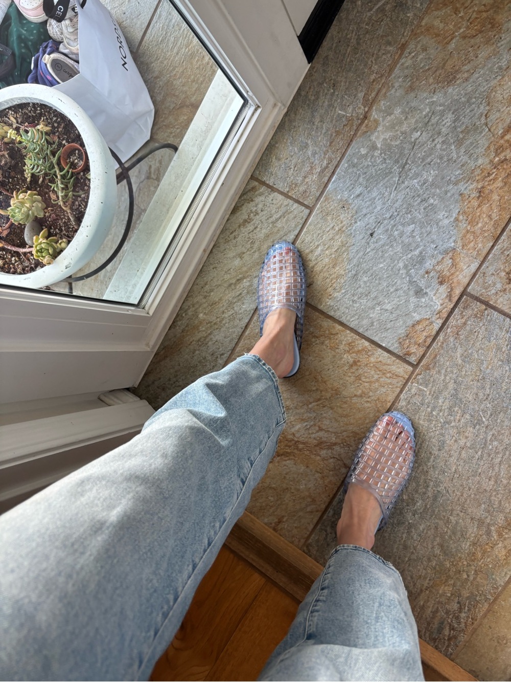 Old Navy Clear Woven Mule Sandals with Hints of Blue